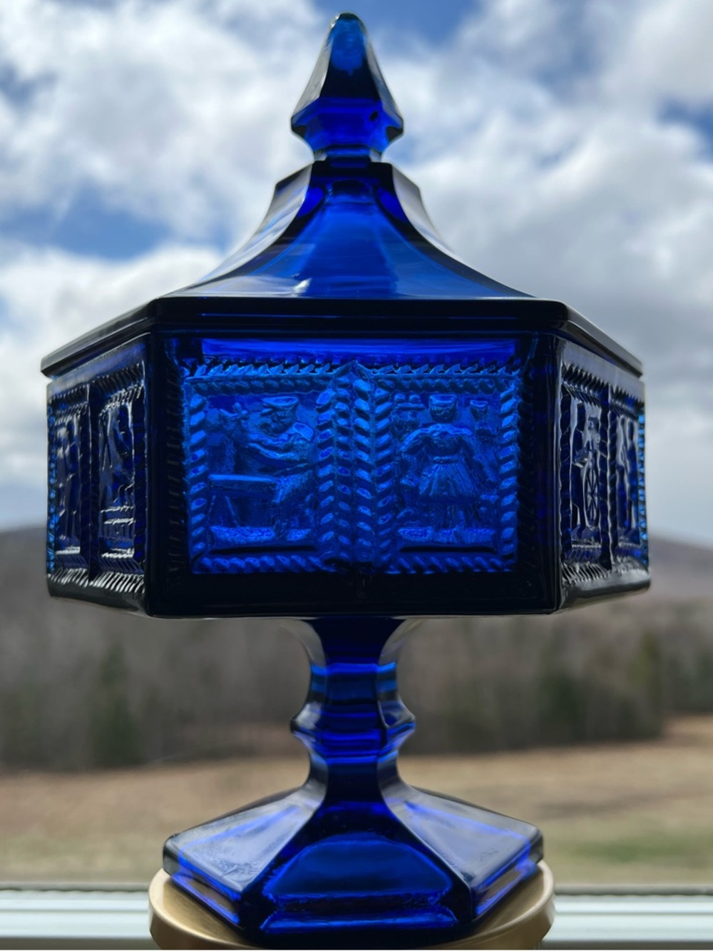 Discontinued Imperial Glass Candy Dish in Springerle Pattern in Ultra Royal Blue